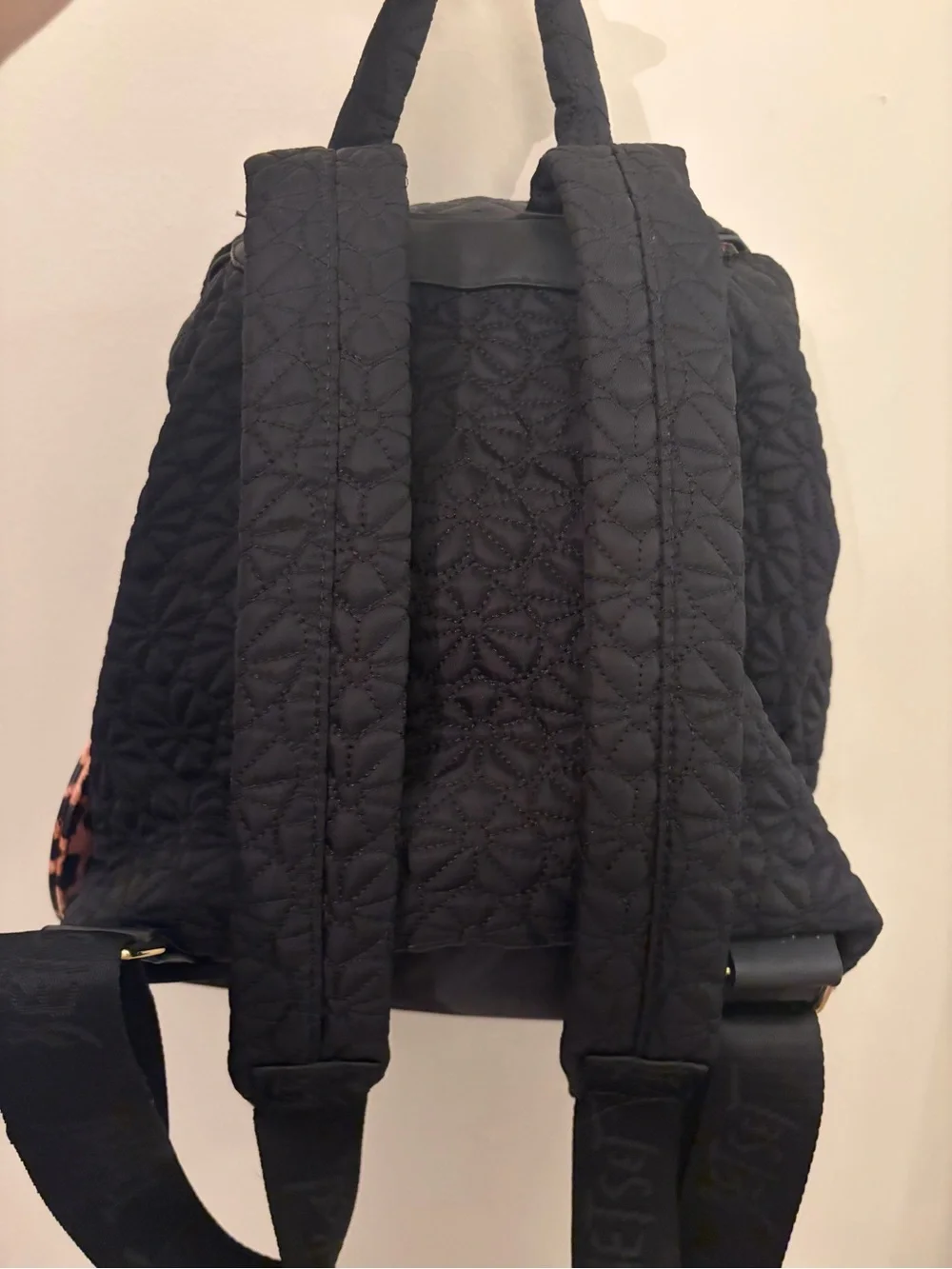 Betsey Johnson Black Quilted Backpack with Gold & Leopard Accent
